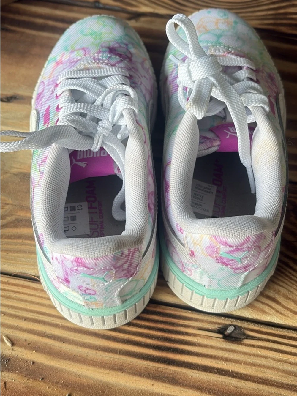 Little Girl Puma White Sneakers with Pink and Mint Floral Accents, Size 1.5C
